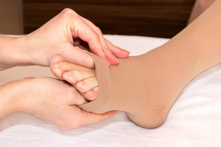 Compression sock on ankle and foot to improve circulation